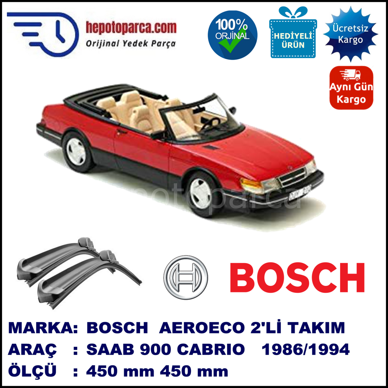 SAAB 900 I Cabrio  09.1986-08.1994, 450 / 450 mm. BOSCH AEROECO Aparatlı Muz Silecek
