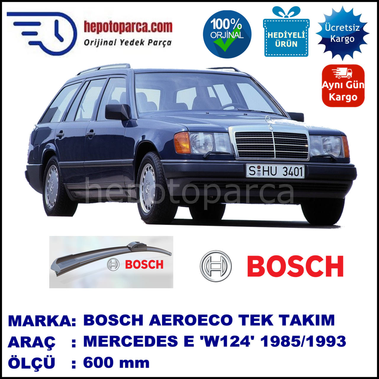 MERCEDES-BENZ Serie 124 (T-Modell)  01.1985-08.1993, 600 / - mm. BOSCH AEROECO Aparatlı Muz Silecek
