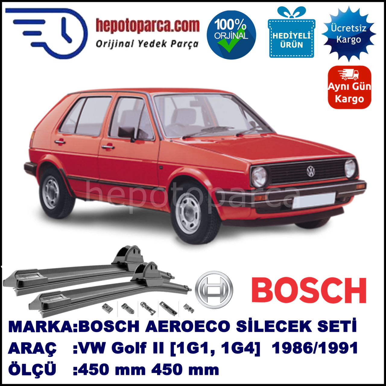 VW Golf 2 II [19, 1G1, 1G4] 02.1986-07.1991, 450 / 450 mm. BOSCH AEROECO Aparatlı Muz Silecek