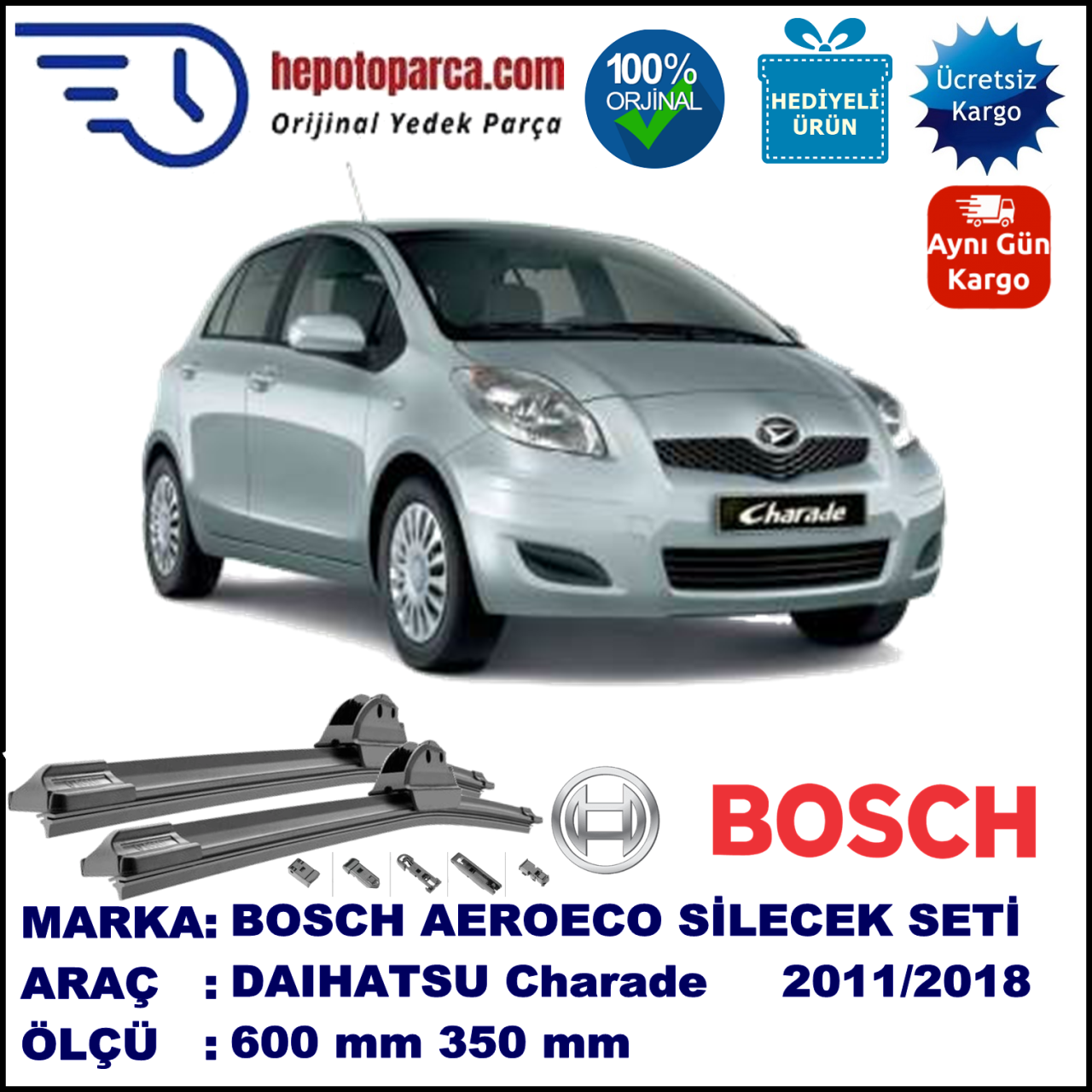 DAIHATSU Charade  [NSP90] 03.2011-..., 600 / 350 mm. BOSCH AEROECO Aparatlı Muz Silecek