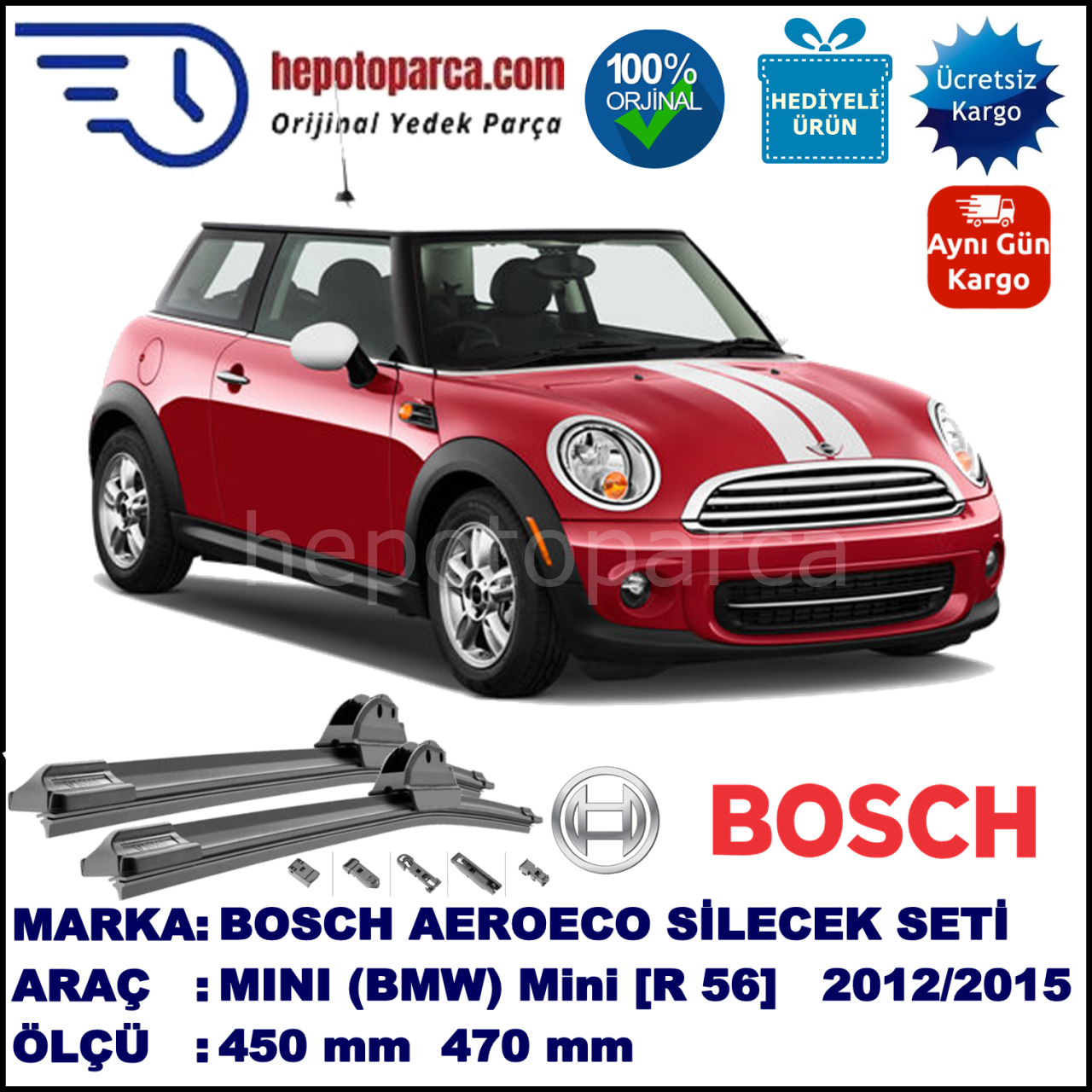 MINI (BMW) Mini [R 56] 05.2012-..., 450 / 470 mm. BOSCH AEROECO Aparatlı Muz Silecek