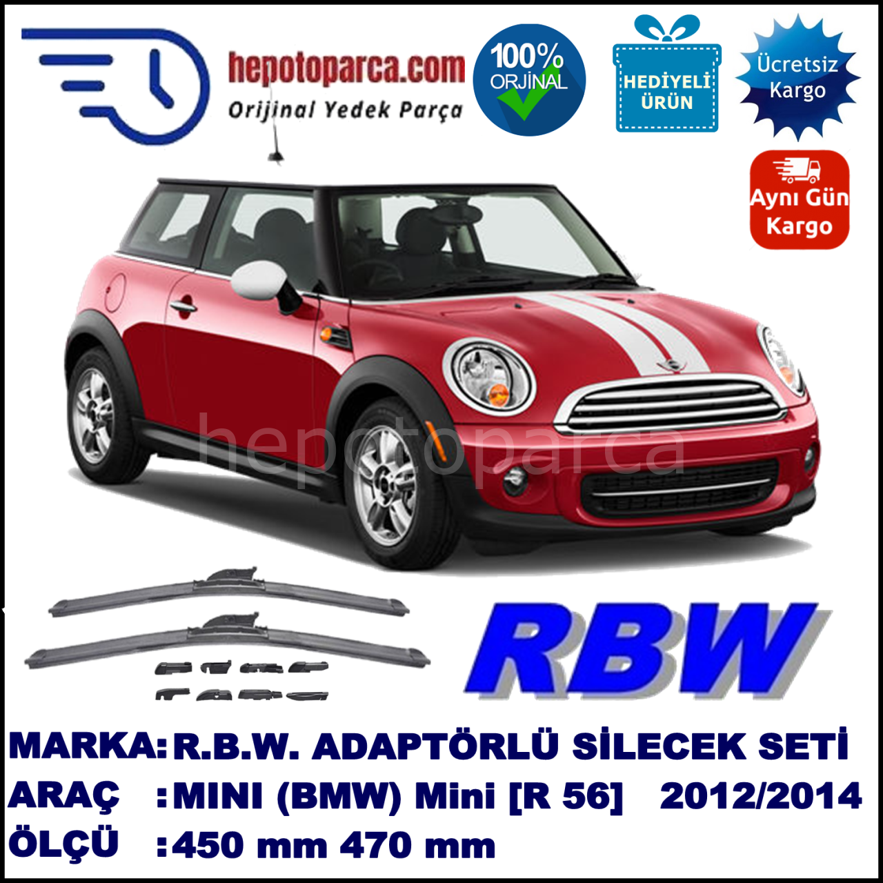 MINI (BMW) Mini [R 56] 05.2012-..., 450 / 470 mm.  RBW  ADAPTÖRLÜ MUZ SİLECEK SETİ