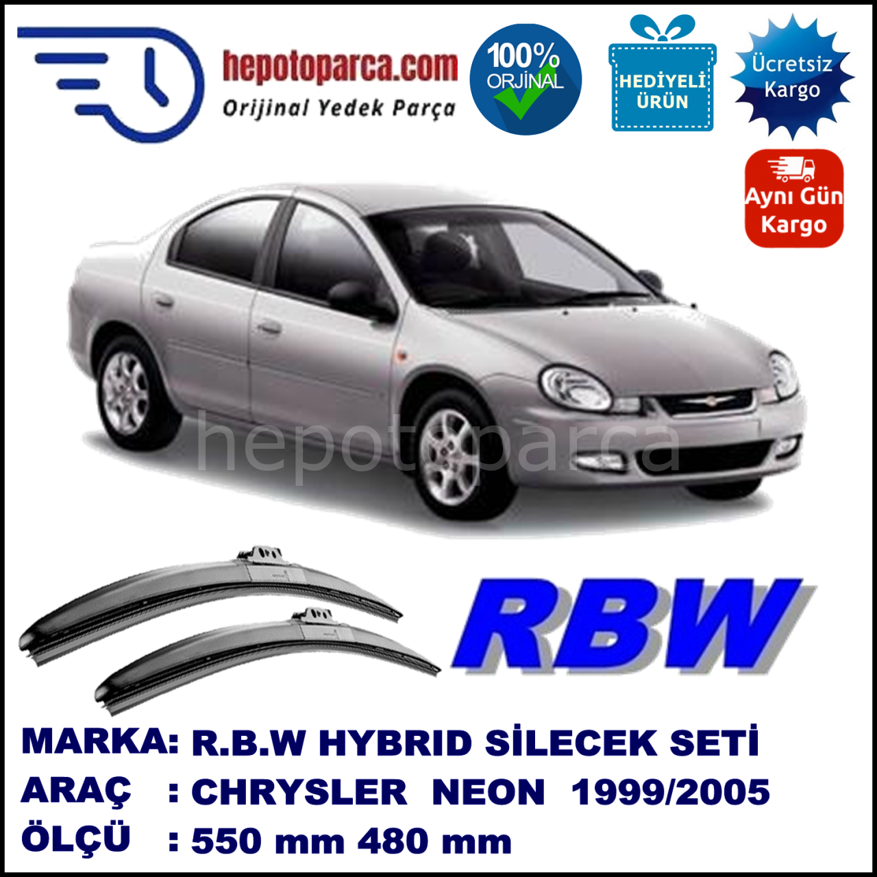 CHRYSLER Neon [PL] 09.99-12.05 550 / 480 mm. RBW Hybrid Silecek Seti. U Kanca Uyumlu Hibrit
