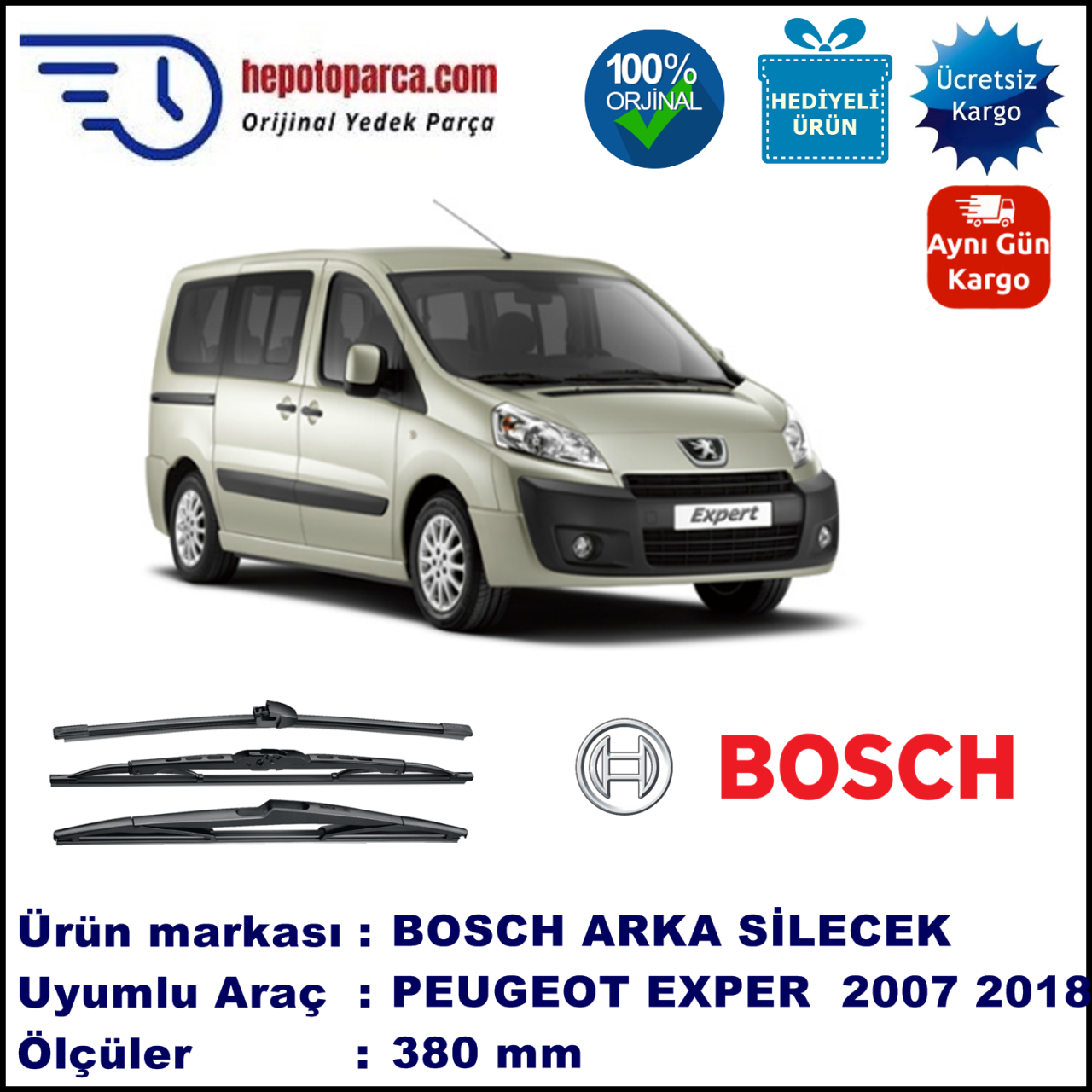 PEUGEOT Expert [G9] 380 mm 02.2007-... BOSCH Arka Silecek