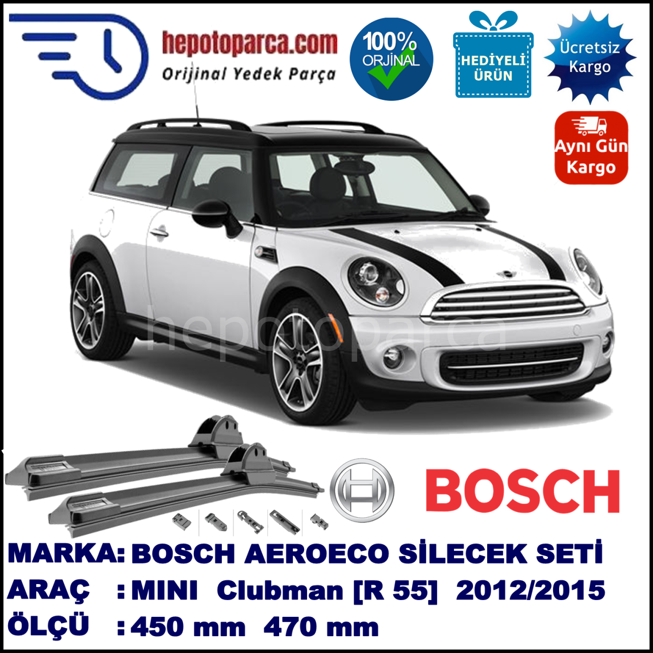 MINI (BMW) Mini Clubman [R 55] 05.2012-..., 450 / 470 mm. BOSCH AEROECO Aparatlı Muz Silecek