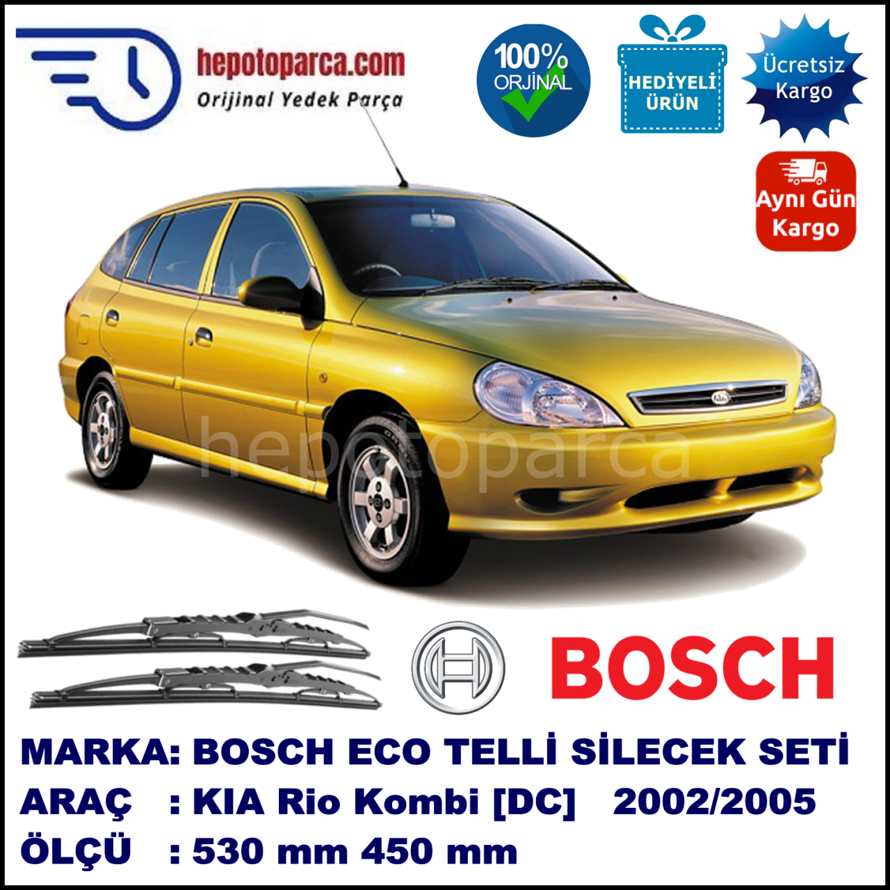 KIA Rio Kombi [DC] 09.02-02.05 530 / 450 mm. BOSCH ECO Telli Silecek 2'li Takım