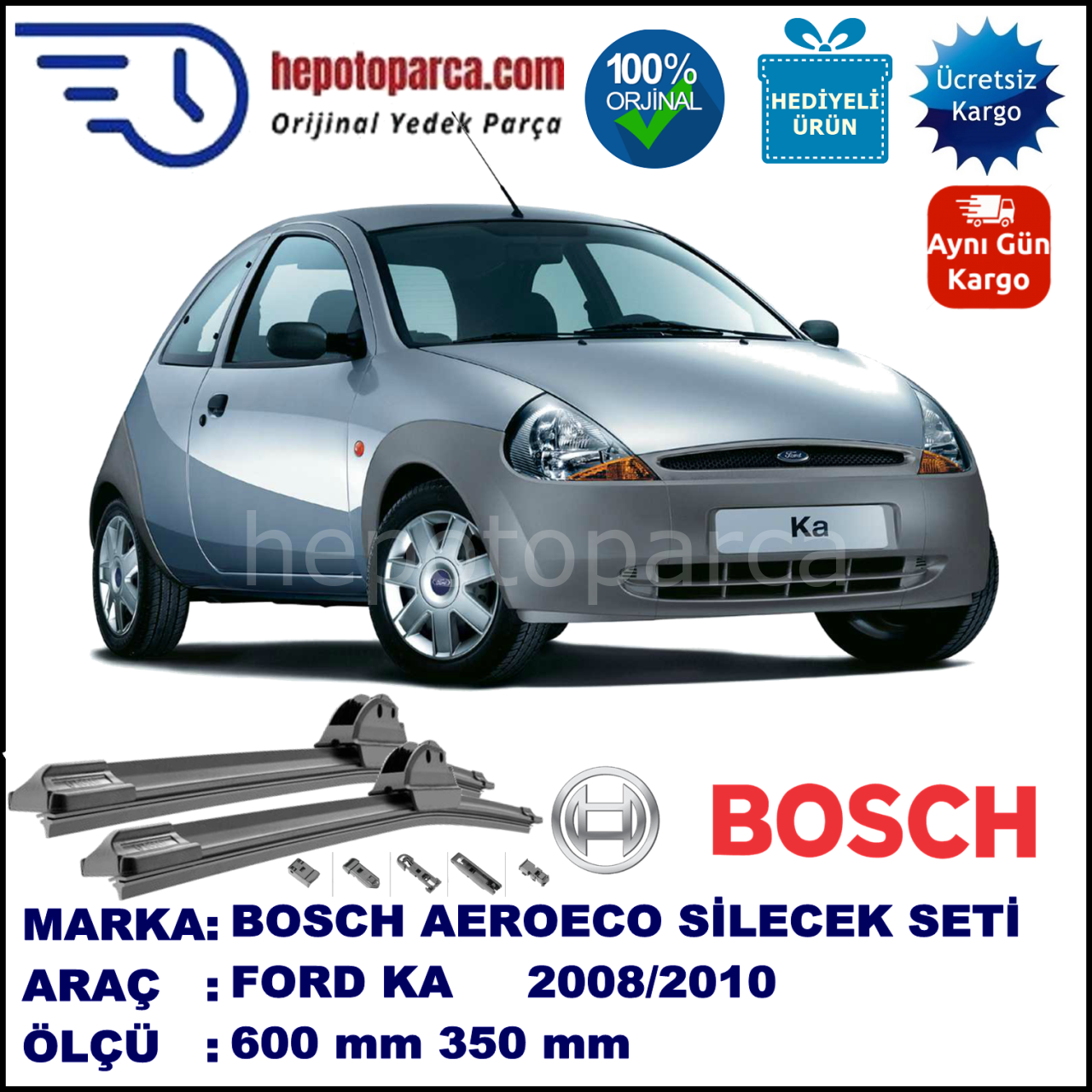 FORD Ka II [08] 09.2008-10.2010, 600 / 350 mm. BOSCH AEROECO Aparatlı Muz Silecek