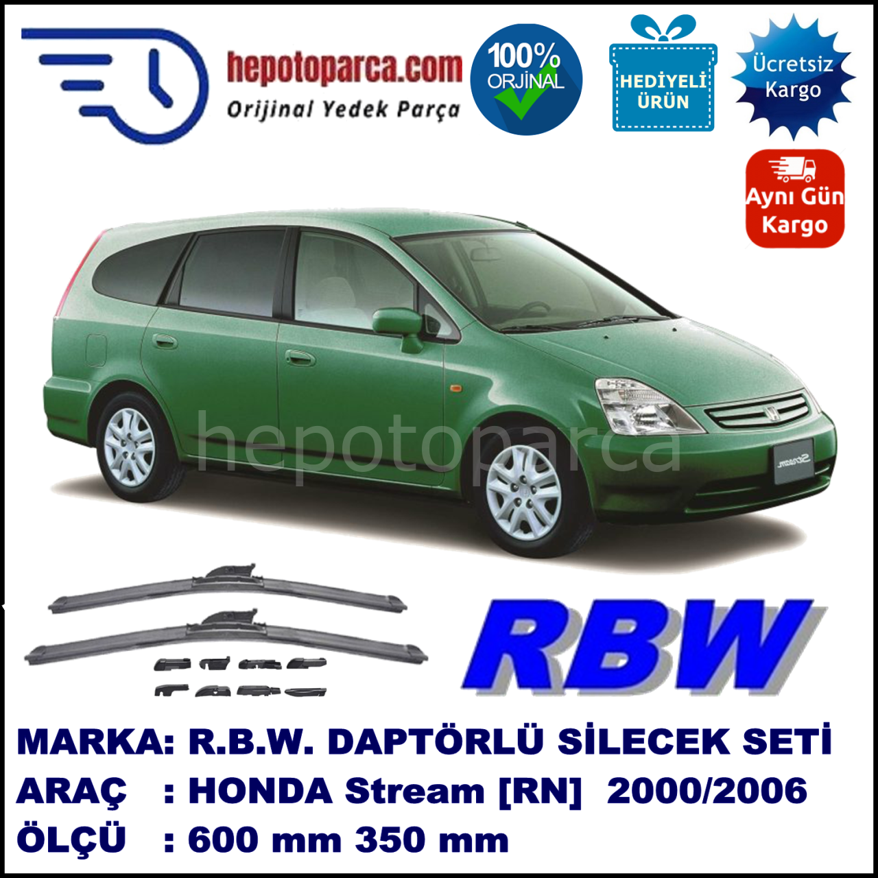 HONDA Stream [RN] 10.2000-07.2006, 600 / 350 mm.  RBW  ADAPTÖRLÜ MUZ SİLECEK SETİ