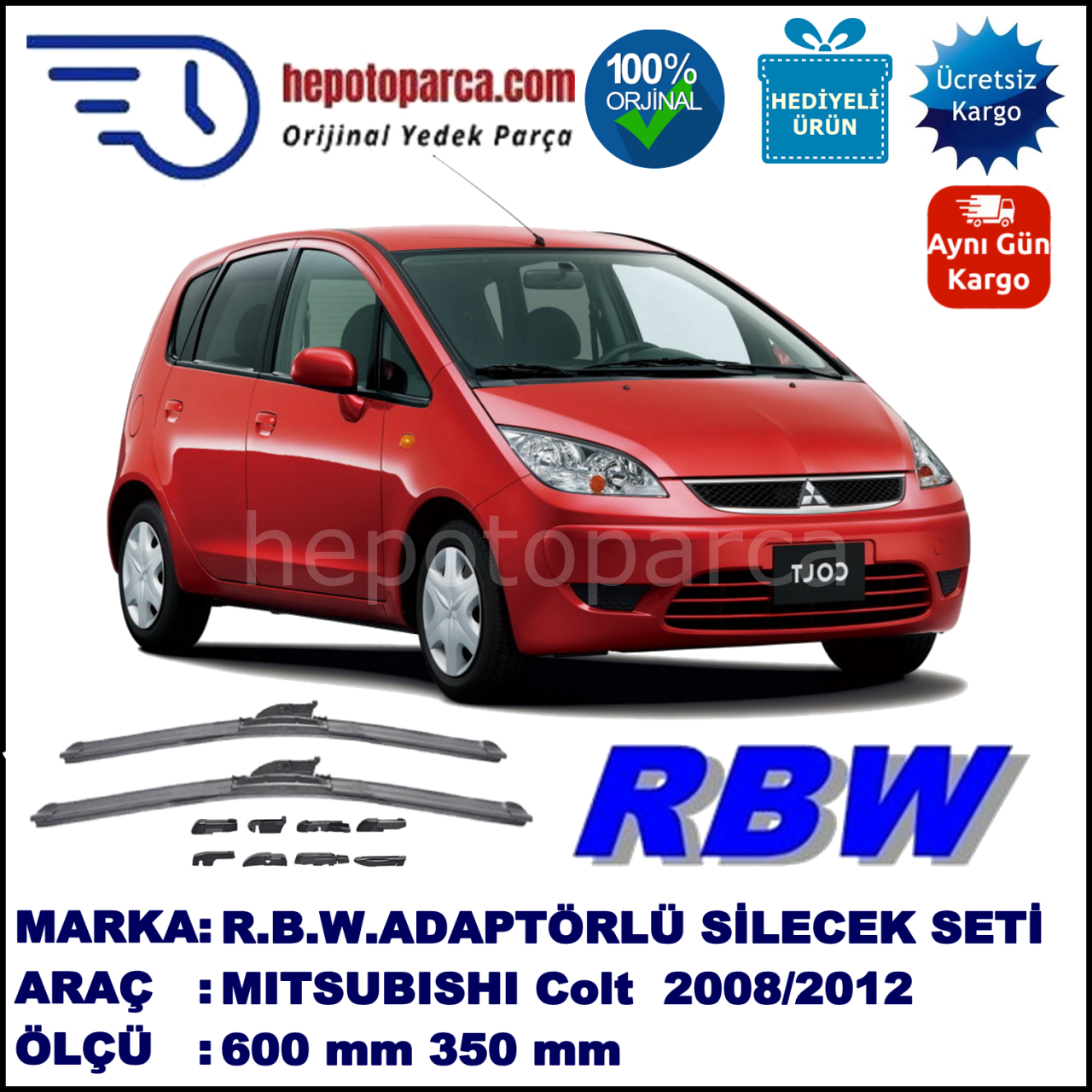 MITSUBISHI Colt [CZ] 10.2008-..., 600 / 350 mm.  RBW  ADAPTÖRLÜ MUZ SİLECEK SETİ