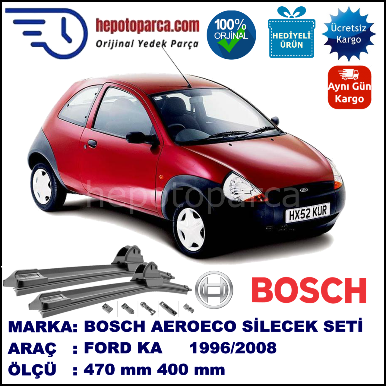 FORD Ka [97] 09.1996-09.2008, 470 / 400 mm. BOSCH AEROECO Aparatlı Muz Silecek