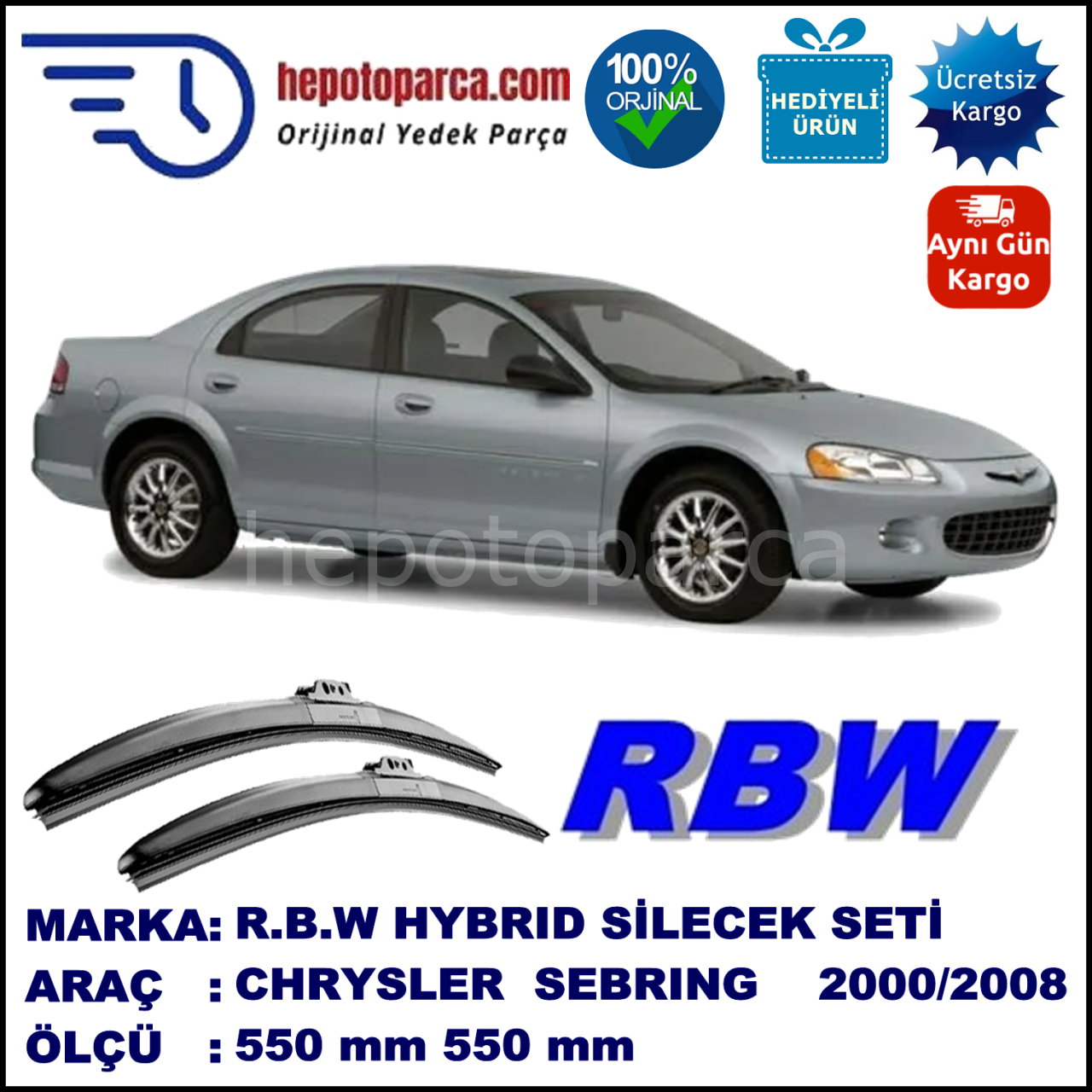 CHRYSLER Sebring [JR] 09.00-08.08 550 / 550 mm. RBW Hybrid Silecek Seti. U Kanca Uyumlu Hibrit