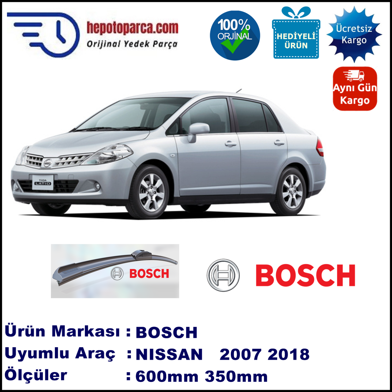 NISSAN Tiida [C11] 02.2007-..., 600 / 350 mm. BOSCH AEROECO Aparatlı Muz Silecek
