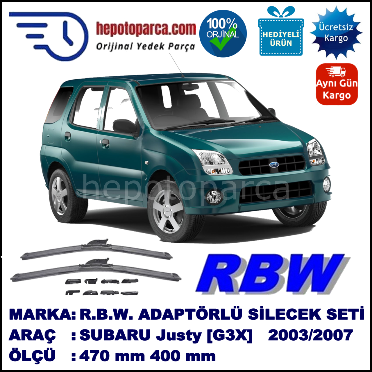 SUBARU Justy [G3X] 09.2003-08.2007, 470 / 400 mm.  RBW  ADAPTÖRLÜ MUZ SİLECEK SETİ