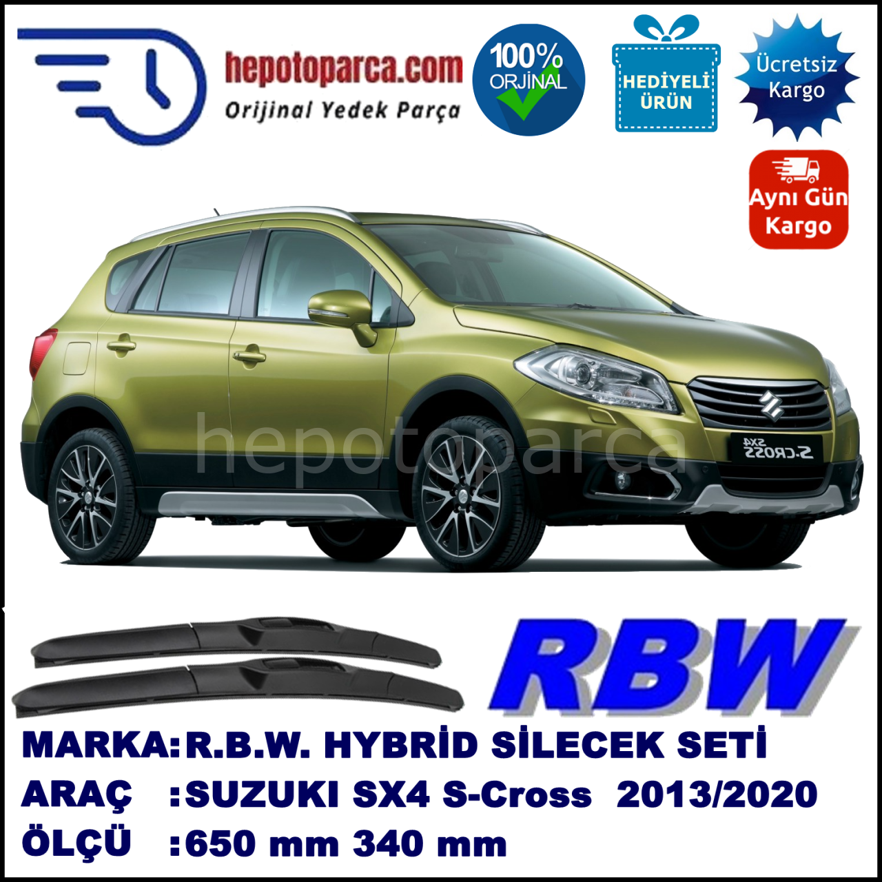 SUZUKI SX4 S-Cross  09.13-... 650 / 340 mm. RBW Hybrid Silecek Seti. U Kanca Uyumlu Hibrit