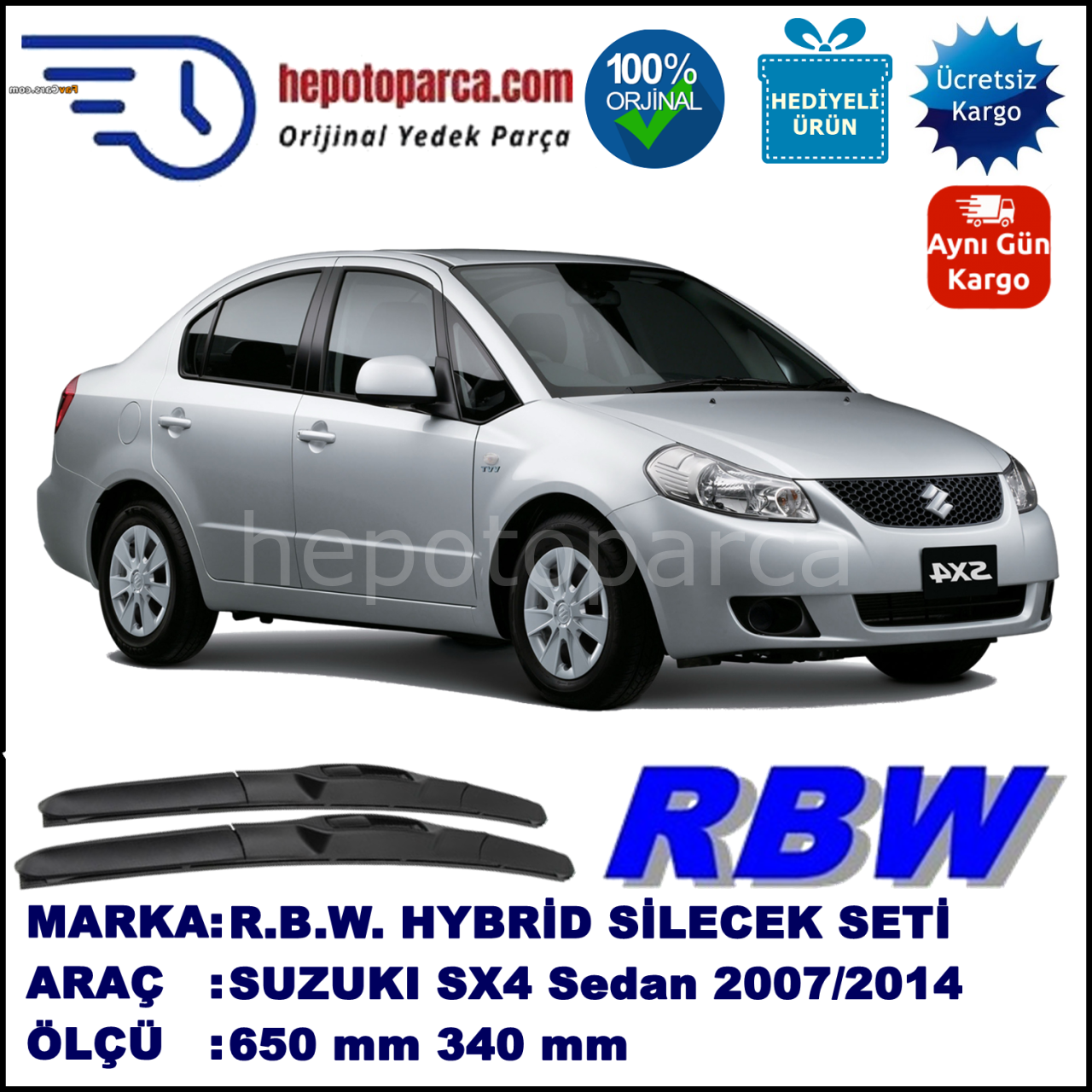 SUZUKI SX4 Sedan  07.07-... 650 / 340 mm. RBW Hybrid Silecek Seti. U Kanca Uyumlu Hibrit