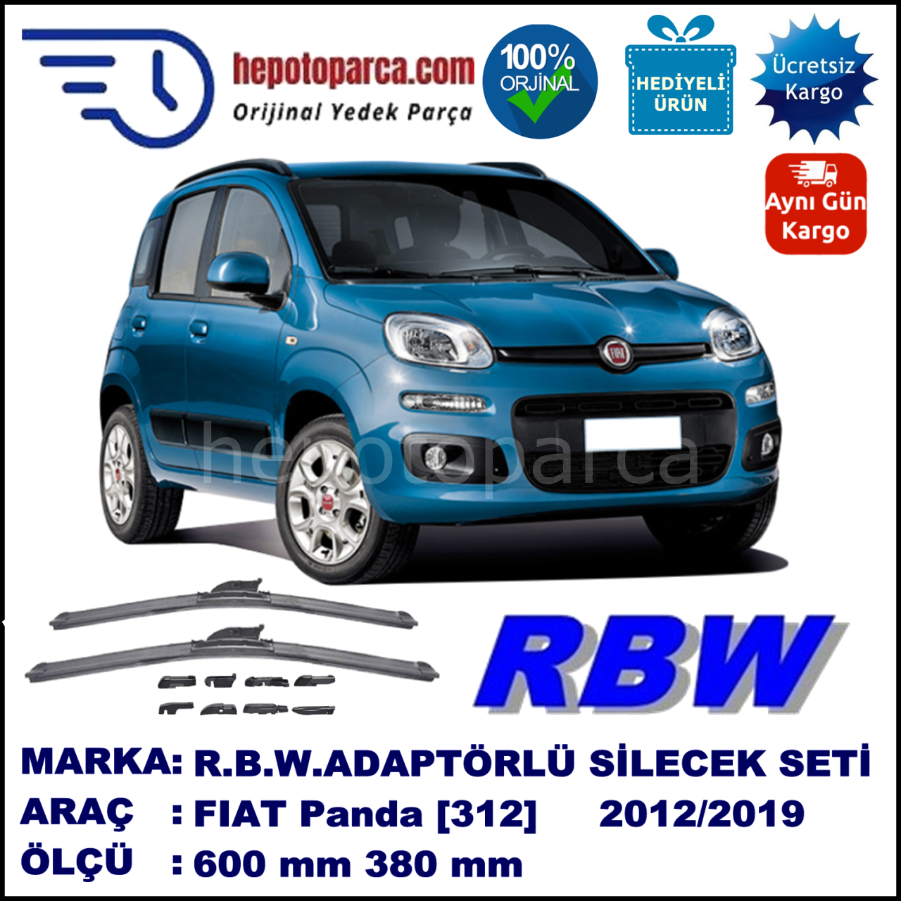 FIAT Panda [312..] 02.2012-..., 600 / 380 mm.  RBW  ADAPTÖRLÜ MUZ SİLECEK SETİ
