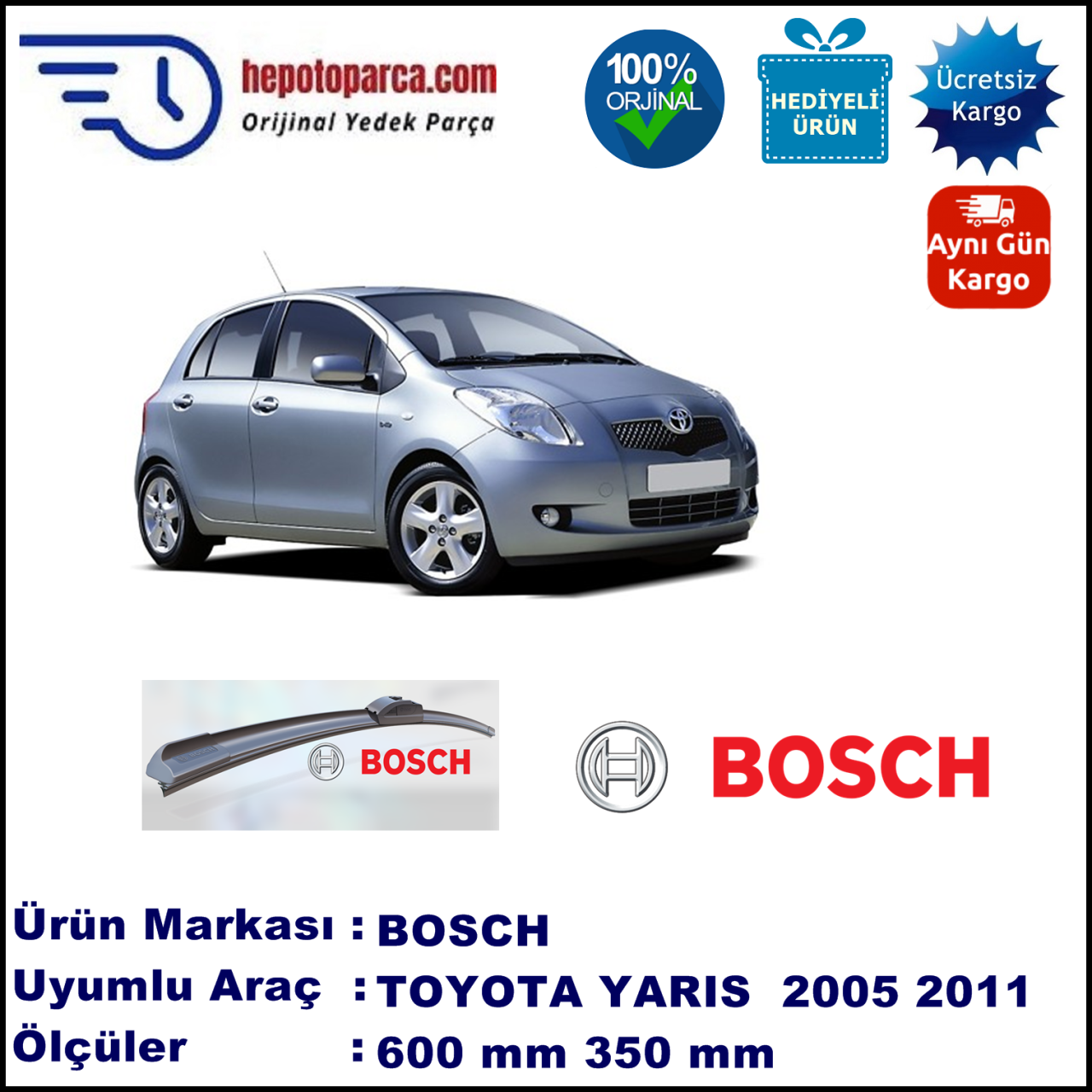 TOYOTA Yaris [P9, VNK] 11.2005-..., 600 / 350 mm. BOSCH AEROECO Aparatlı Muz Silecek