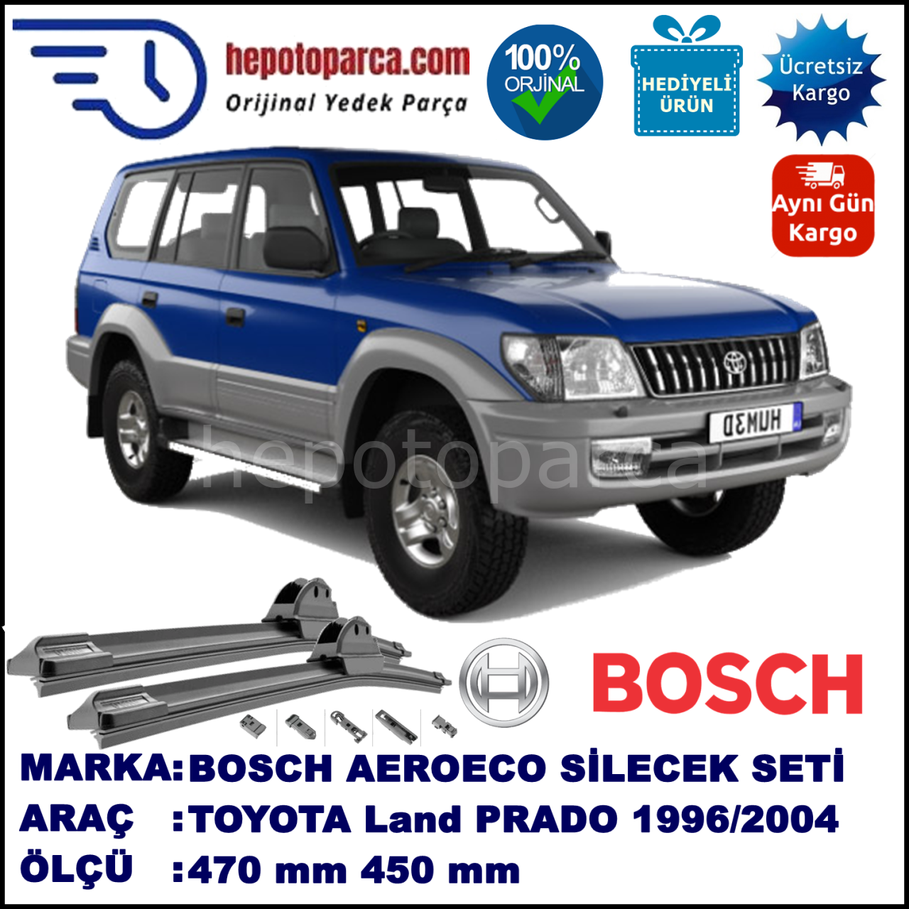 TOYOTA Land Cruiser Prado [J9] 10.1996-09.2004, 470 / 450 mm. BOSCH AEROECO Aparatlı Muz Silecek