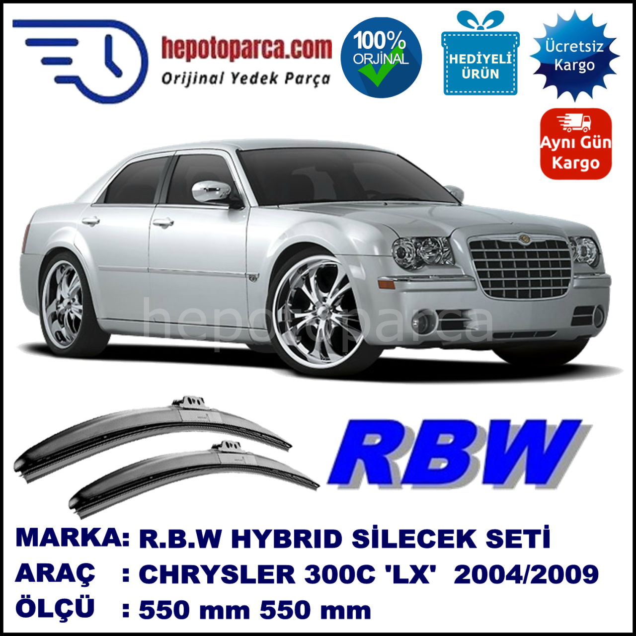 CHRYSLER 300C [LX] 09.04-08.09 550 / 550 mm. RBW Hybrid Silecek Seti. U Kanca Uyumlu Hibrit