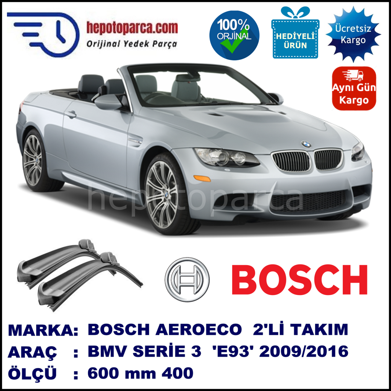 BMW Serie 3 Cabrio [E 93] 09.2009-..., 600 / 400 mm. BOSCH AEROECO Aparatlı Muz Silecek