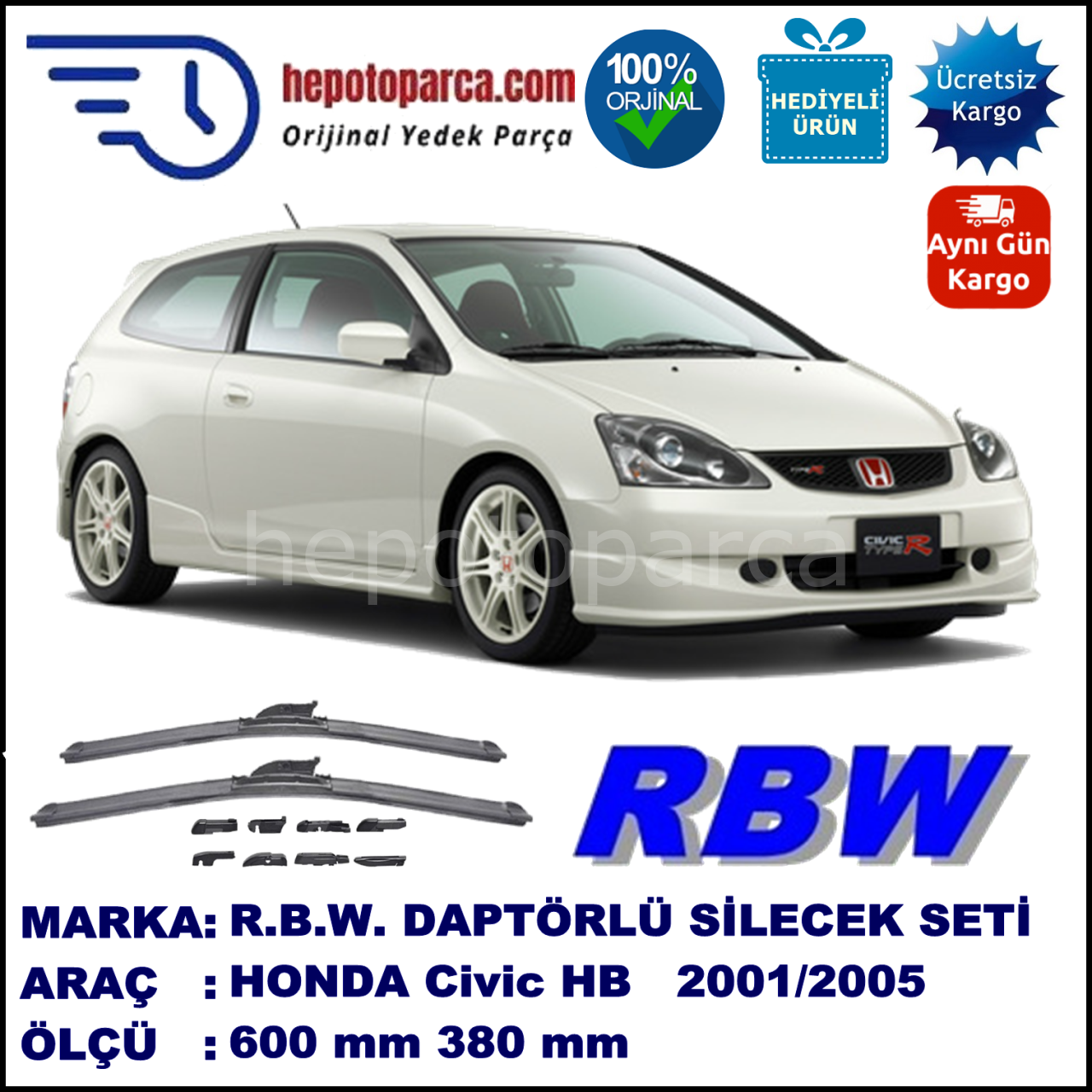 HONDA Civic Hatchback [EU/EP] 02.2001-12.2005, 600 / 380 mm.  RBW  ADAPTÖRLÜ MUZ SİLECEK SETİ