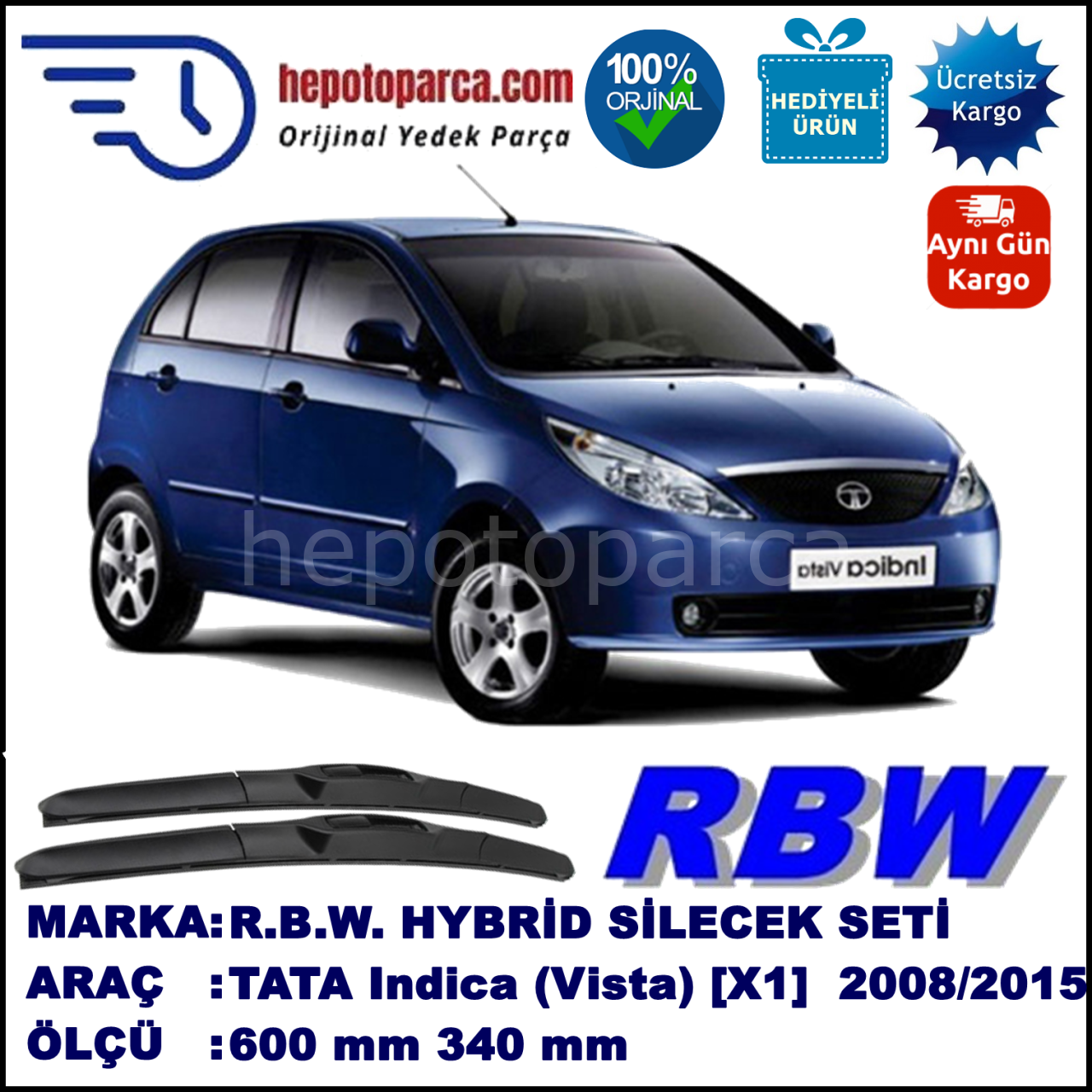 TATA Indica (Vista) [X1] 08.08-... 600 / 340 mm. RBW Hybrid Silecek Seti. U Kanca Uyumlu Hibrit