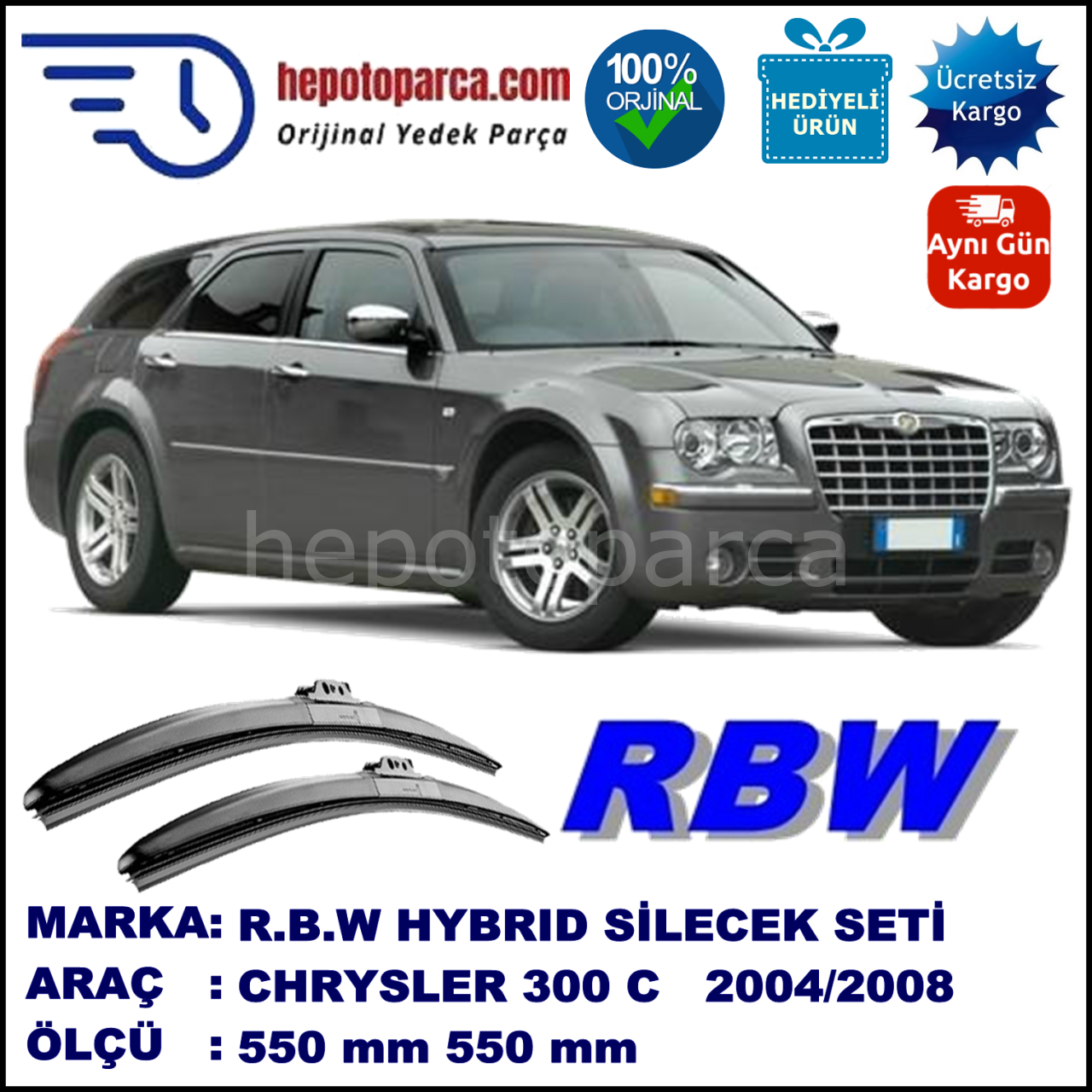 CHRYSLER 300C Touring [LE] 10.04-08.10 550 / 550 mm. RBW Hybrid Silecek Seti. U Kanca Uyumlu Hibrit