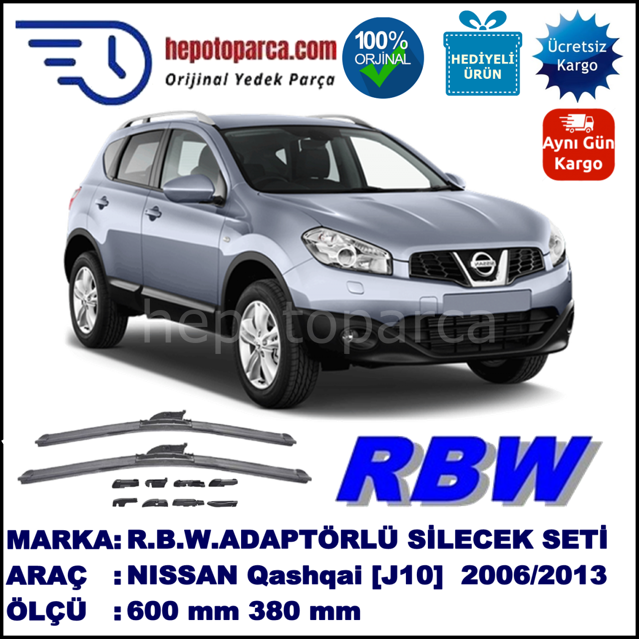 NISSAN Qashqai [J10] 12.2006-..., 600 / 380 mm.  RBW  ADAPTÖRLÜ MUZ SİLECEK SETİ