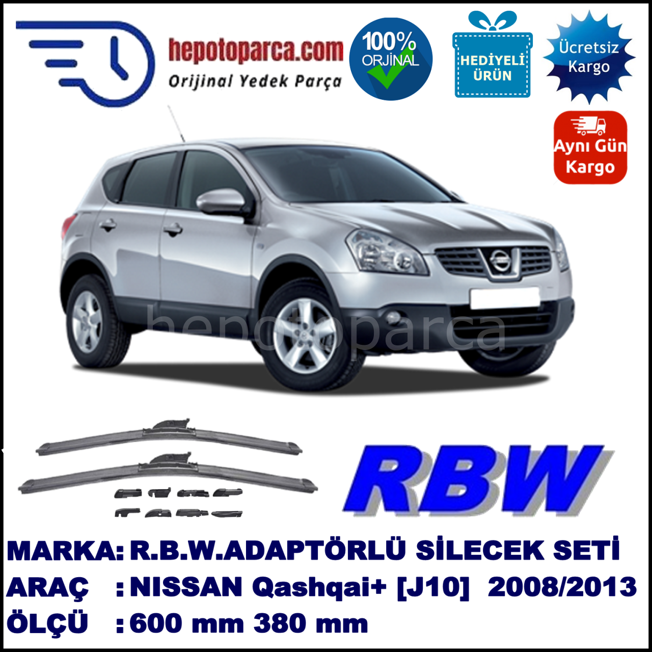 NISSAN Qashqai+2 [J10] 08.2008-..., 600 / 380 mm.  RBW  ADAPTÖRLÜ MUZ SİLECEK SETİ