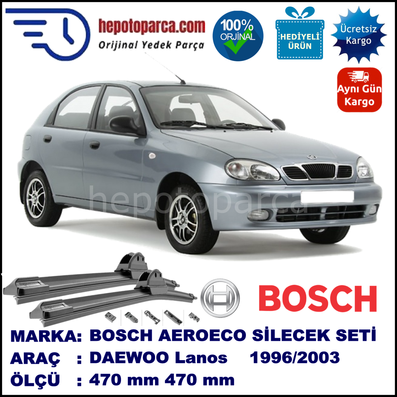 DAEWOO Lanos [KLAT] 11.1996-09.2003, 470 / 470 mm. BOSCH AEROECO Aparatlı Muz Silecek