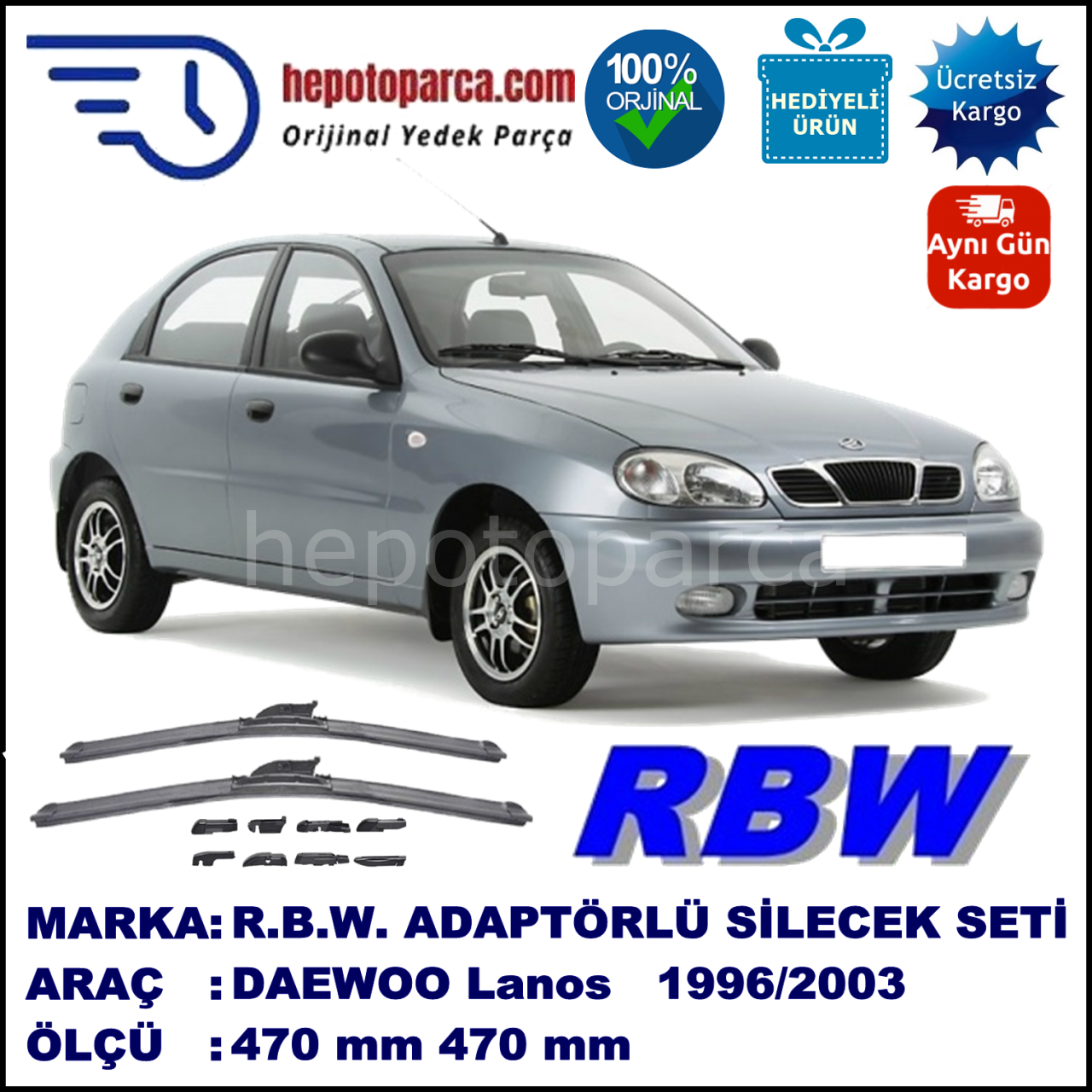 DAEWOO Lanos [KLAT] 11.1996-09.2003, 470 / 470 mm.  RBW  ADAPTÖRLÜ MUZ SİLECEK SETİ