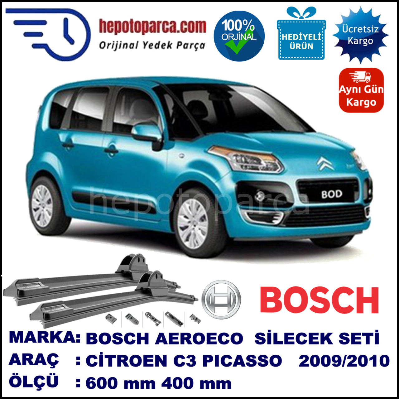 CITROEN C3 Picasso [A58] 02.2009-03.2010, 600 / 400 mm. BOSCH AEROECO Aparatlı Muz Silecek
