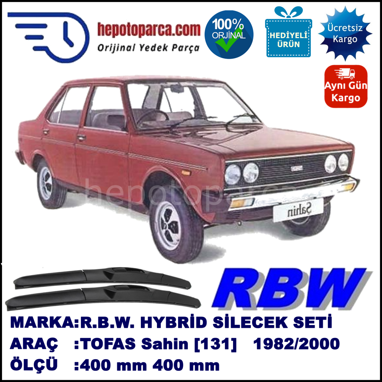 TOFAS Sahin [131] 02.82-... 400 / 400 mm. RBW Hybrid Silecek Seti. U Kanca Uyumlu Hibrit