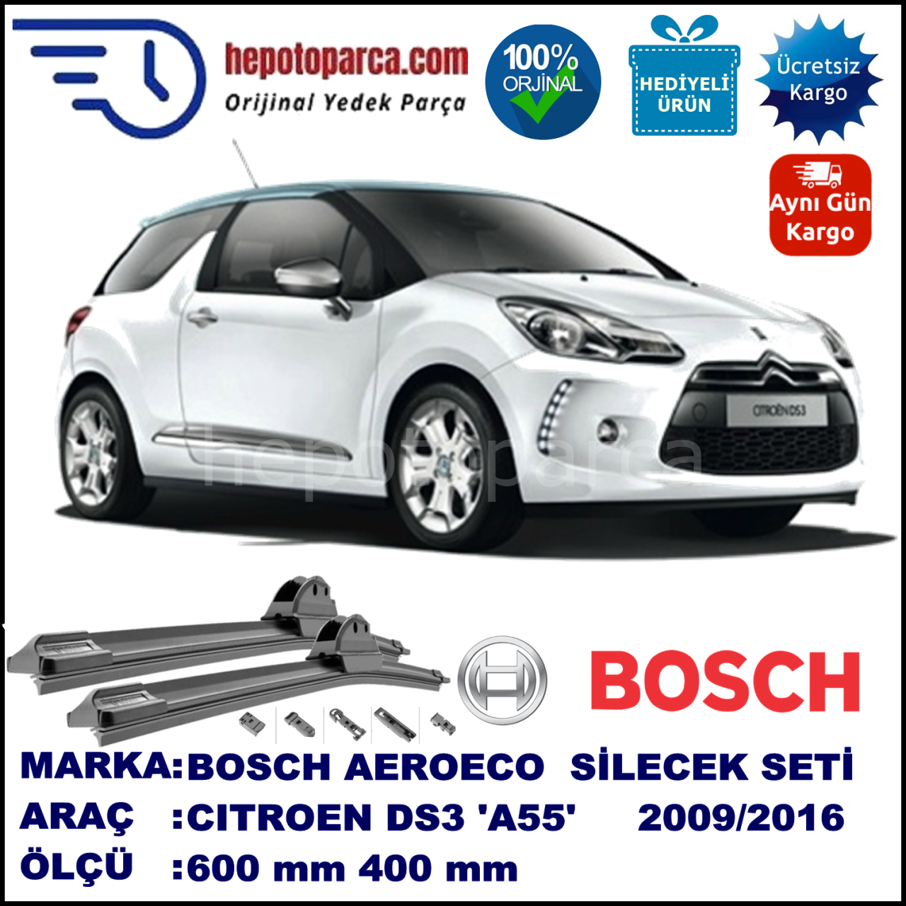 CITROEN DS3 [A55] 11.2009-..., 600 / 400 mm. BOSCH AEROECO Aparatlı Muz Silecek