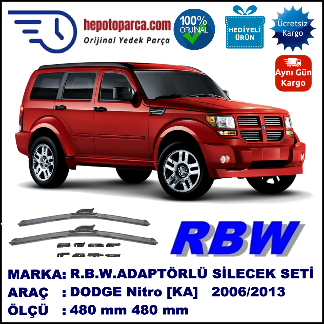 DODGE Nitro [KA] 09.2006-..., 470 / 470 mm.  RBW  ADAPTÖRLÜ MUZ SİLECEK SETİ