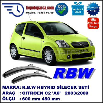 CITROEN C2 [A6] 09.03-12.09 600 / 450 mm. RBW Hybrid Silecek Seti. U Kanca Uyumlu Hibrit