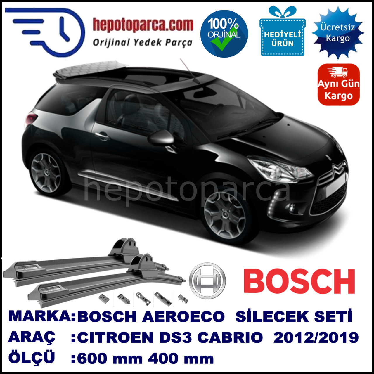 CITROEN DS3 Cabrio [A56] 07.2012-..., 600 / 400 mm. BOSCH AEROECO Aparatlı Muz Silecek