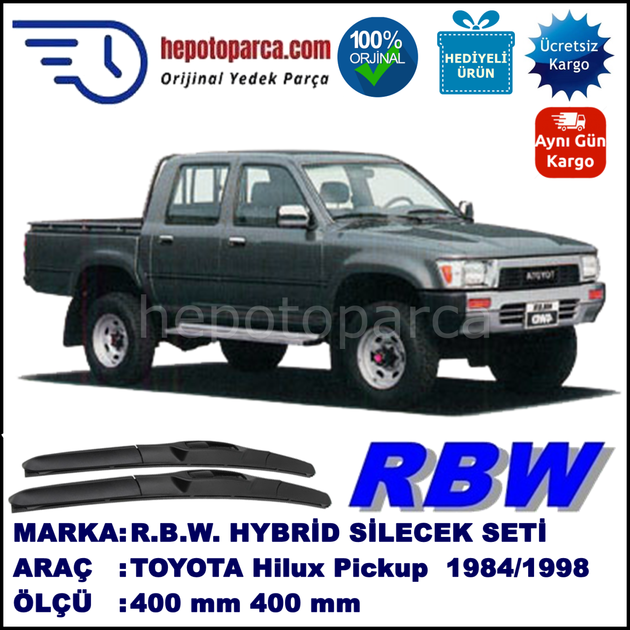 TOYOTA Hilux [N5/N6] 08.84-07.98 400 / 400 mm. RBW Hybrid Silecek Seti. U Kanca Uyumlu Hibrit