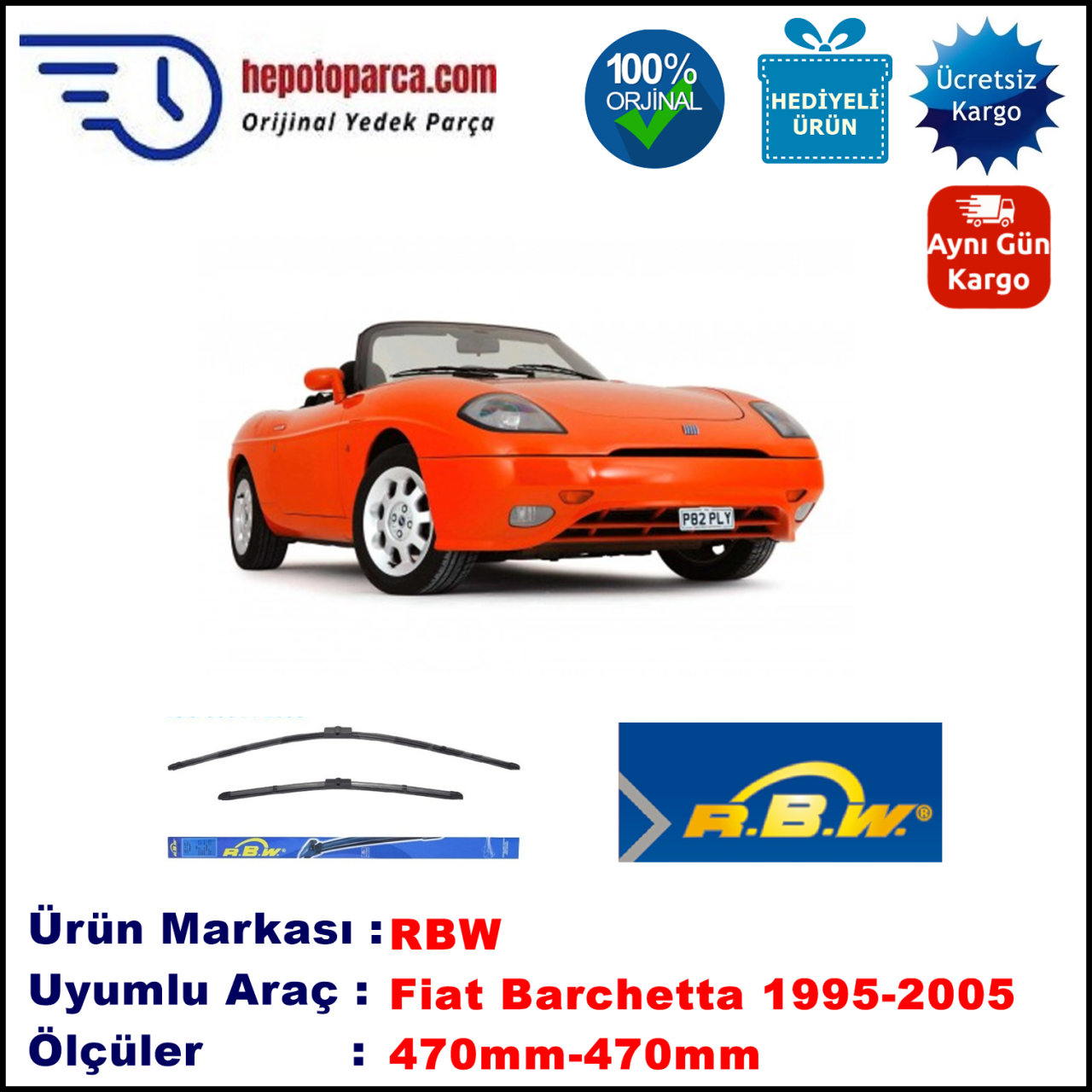FIAT Barchetta [183..] 01.1995-02.2005, 470 / 470 mm.  RBW  ADAPTÖRLÜ MUZ SİLECEK SETİ
