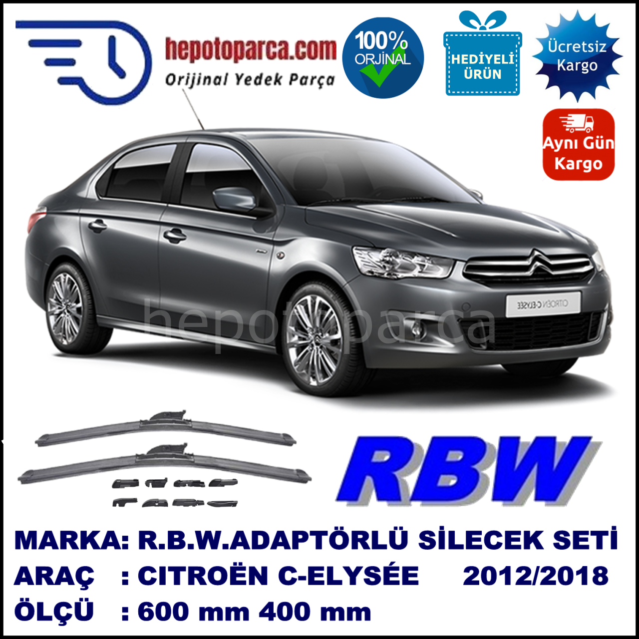 CITROEN C-Elysee  09.2012-..., 600 / 400 mm.  RBW  ADAPTÖRLÜ MUZ SİLECEK SETİ