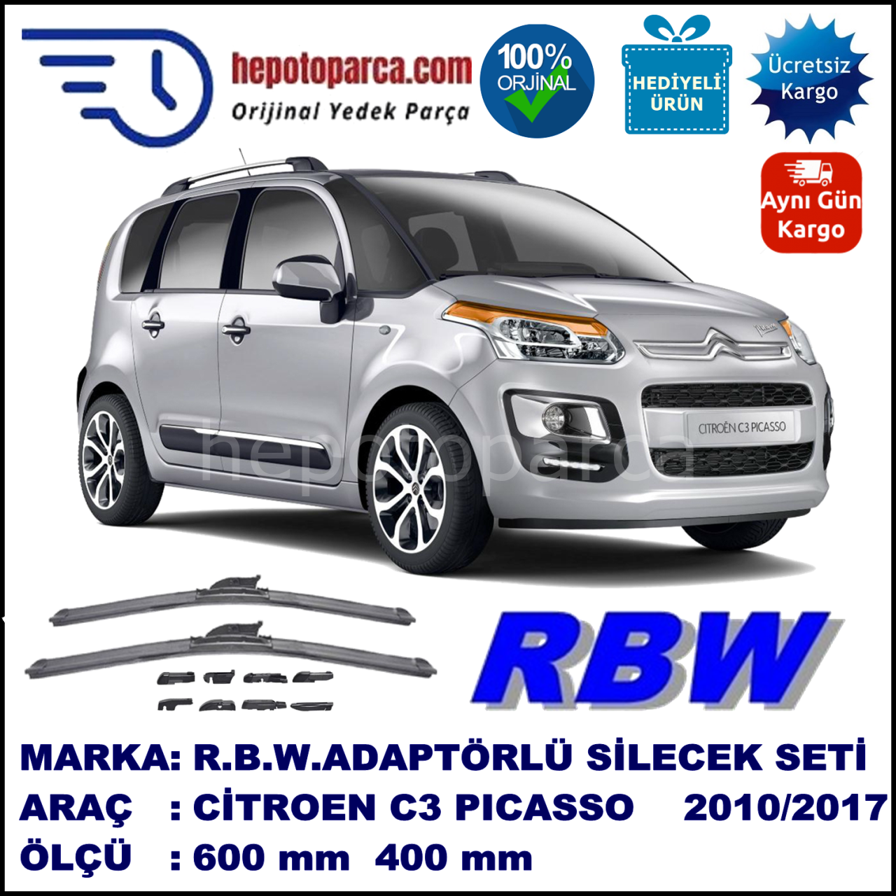 CITROEN C3 Picasso [A58] 04.2010-..., 600 / 400 mm.  RBW  ADAPTÖRLÜ MUZ SİLECEK SETİ