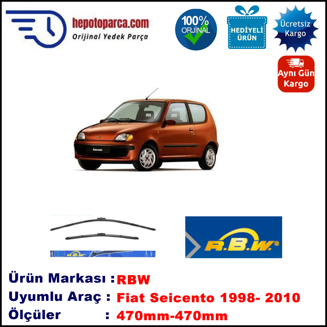 FIAT Seicento [187..] 03.1998-12.2010, 470 / 470 mm.  RBW  ADAPTÖRLÜ MUZ SİLECEK SETİ