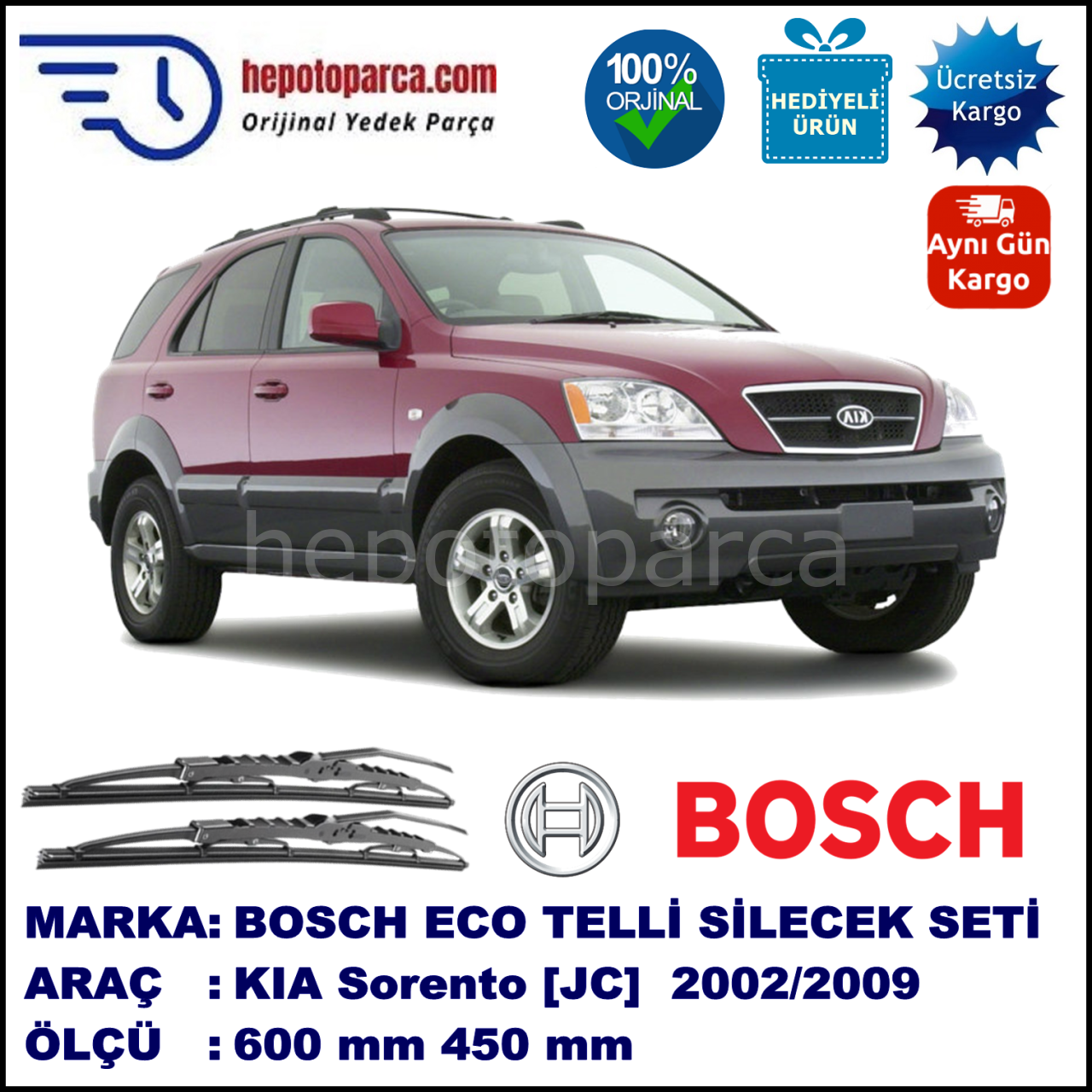 KIA Sorento [JC] 07.02-08.09 600 / 450 mm. BOSCH ECO Telli Silecek 2'li Takım