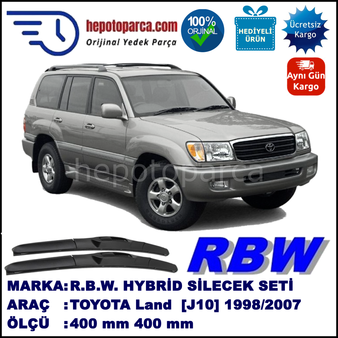 TOYOTA Land Cruiser [J10] 01.98-08.07 400 / 400 mm. RBW Hybrid Silecek Seti. U Kanca Uyumlu Hibrit