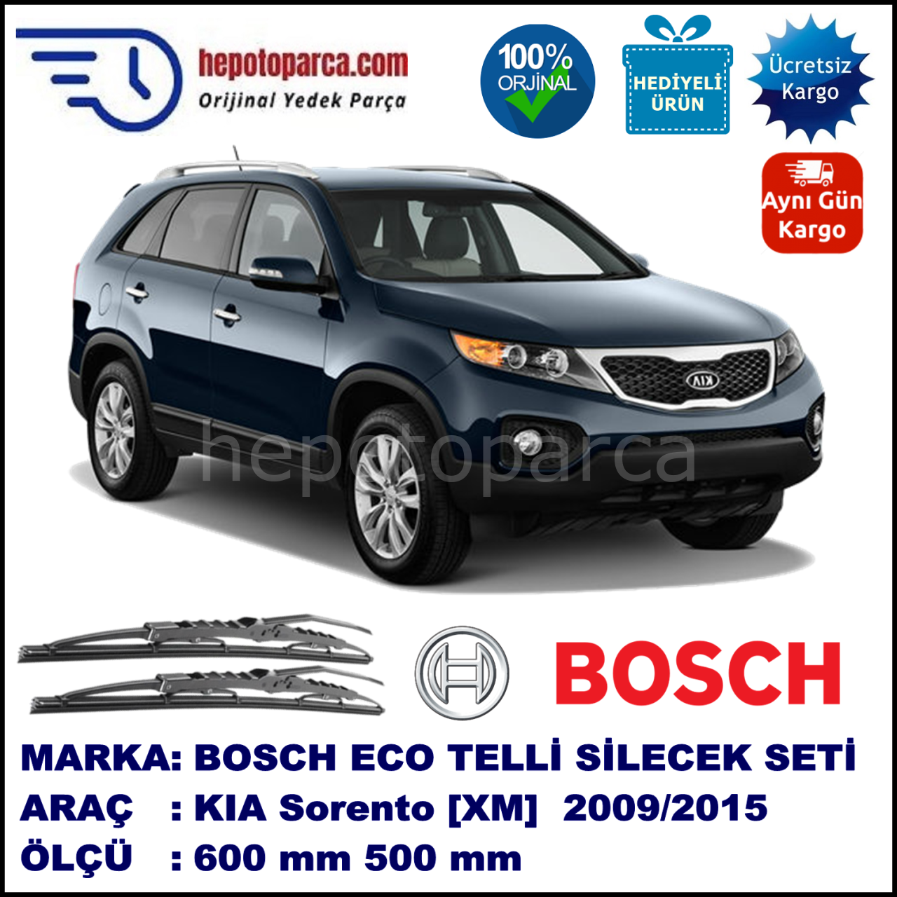 KIA Sorento [XM] 09.09-... 600 / 500 mm. BOSCH ECO Telli Silecek 2'li Takım