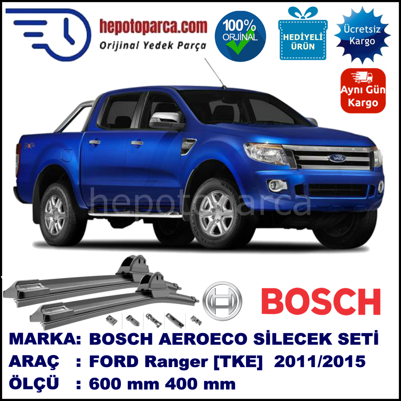 FORD Ranger  [TKE] 09.2011-..., 600 / 400 mm. BOSCH AEROECO Aparatlı Muz Silecek