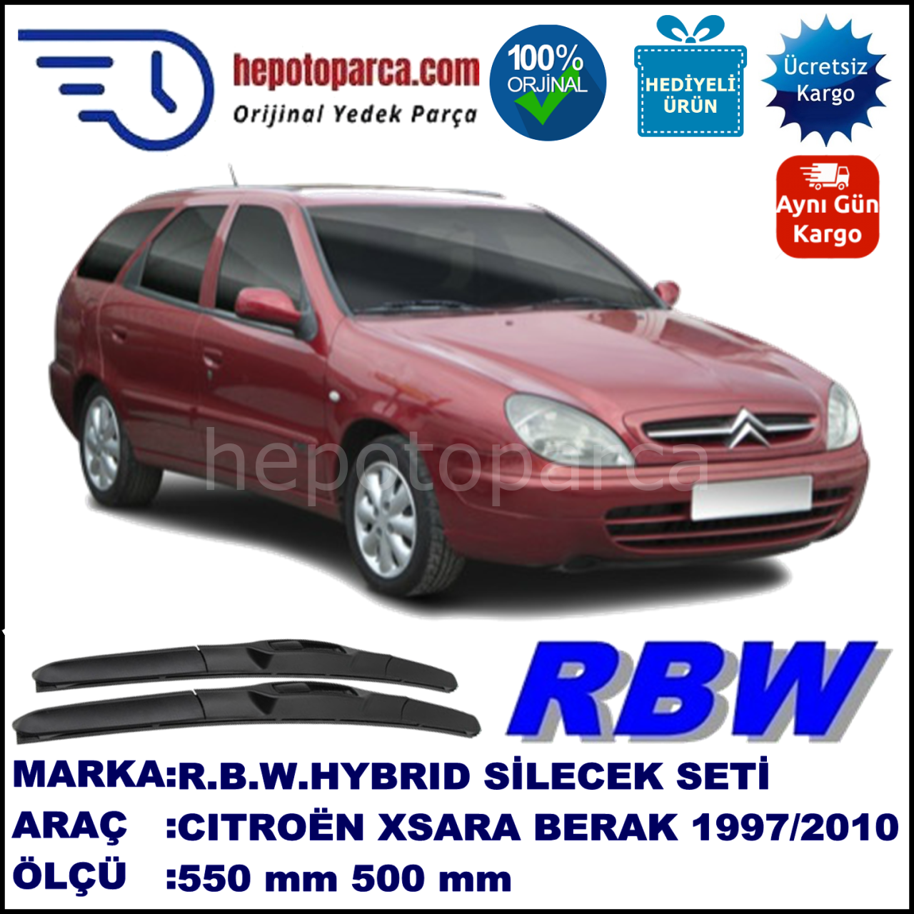 CITROEN Xsara Break [N6, N7] 10.97-03.10 550 / 500 mm. RBW Hybrid Silecek Seti. U Kanca Uyumlu Hibrit