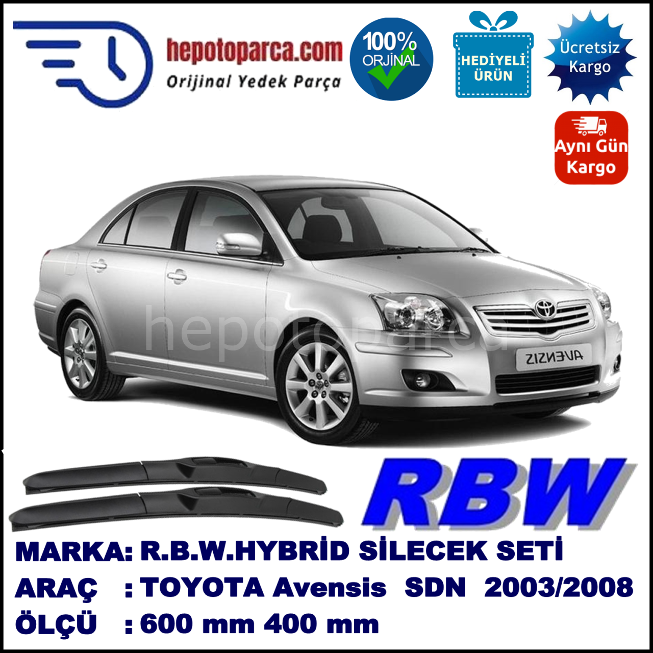 TOYOTA Avensis [T25] 01.03-11.08 600 / 400 mm. RBW Hybrid Silecek Seti. U Kanca Uyumlu Hibrit