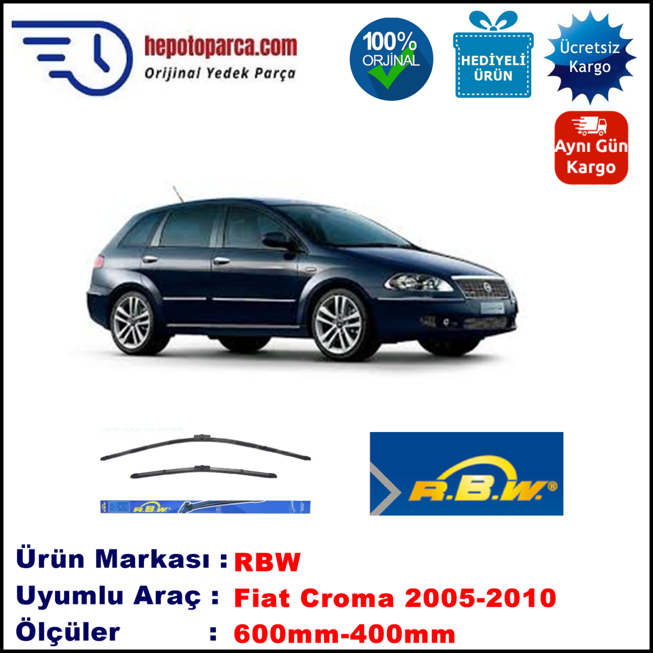FIAT Croma [194..] 06.2005-12.2010, 600 / 400 mm.  RBW  ADAPTÖRLÜ MUZ SİLECEK SETİ