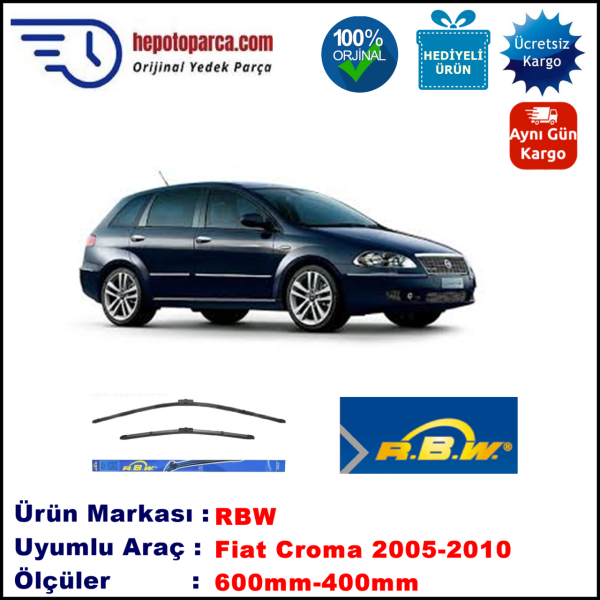 FIAT Croma [194..] 06.2005-12.2010, 600 / 400 mm.  RBW  ADAPTÖRLÜ MUZ SİLECEK SETİ
